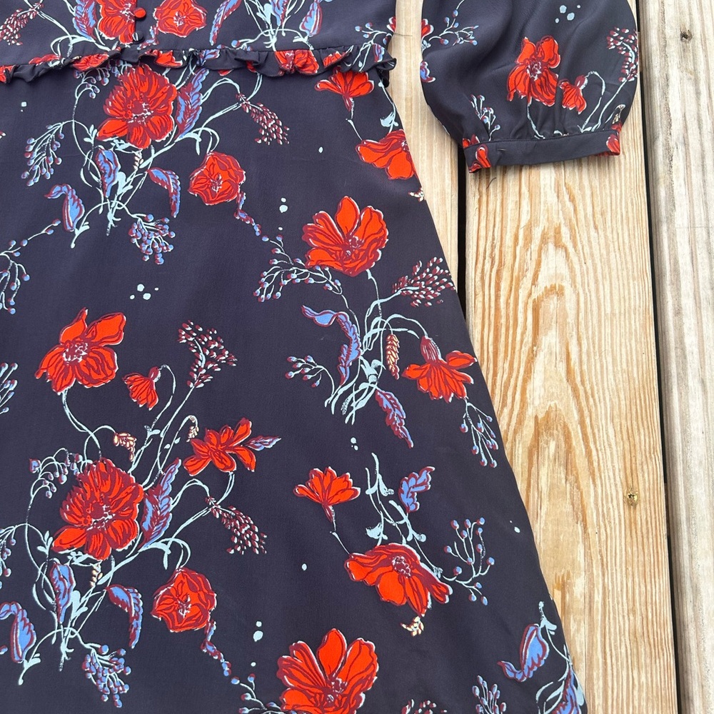 MADEWELL Silk Ruffle-Waist Dress in Windblown Poppies 3/4 sleeve mini SZ 12 EUC - Picture 8 of 15
